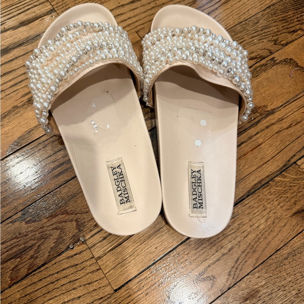 Badgley Mischka Pearl-Embellished Cream Slide Mules